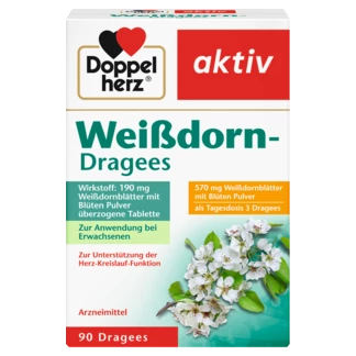 Abbildung der Produktverpackung Doppelherz aktiv Weißdorn-Dragees Frontansicht